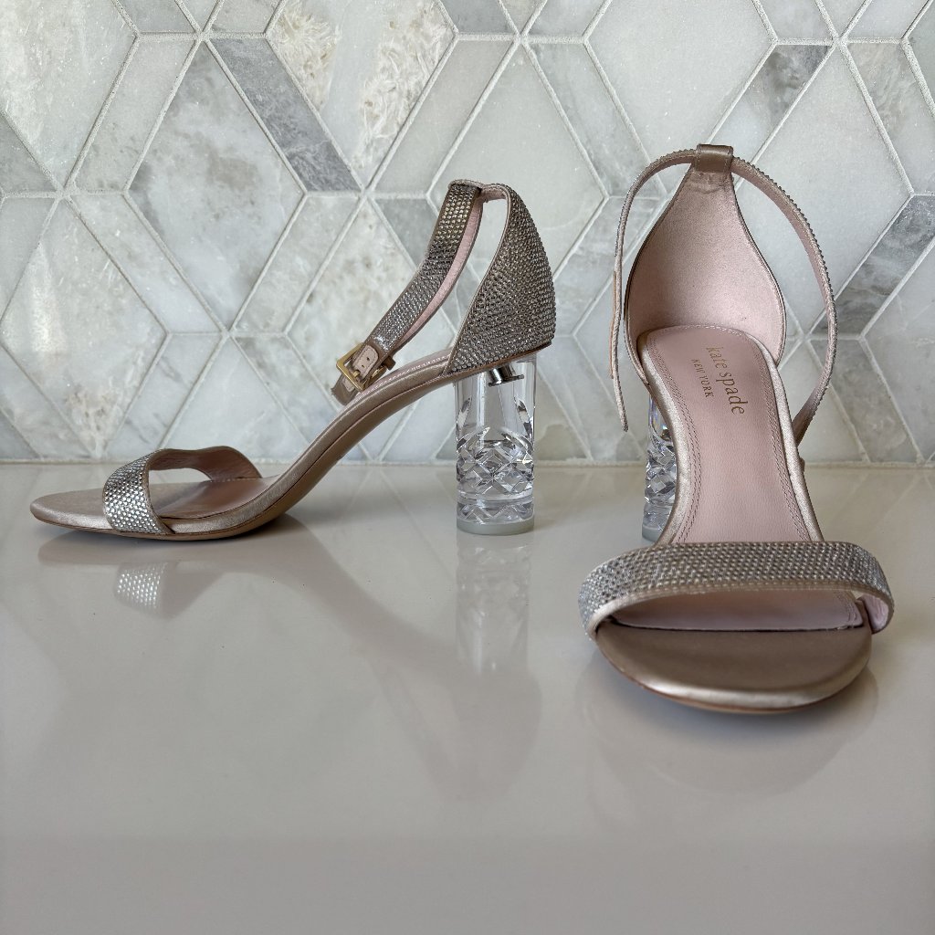 Kate Spade 9b Pvc Cylinder Block Heel Sandal Strap Crystals Alora Pave Round Toe